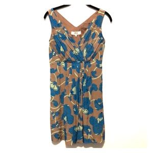 TiBi Taupe Floral 100% Silk Fit & Flare Dress Tan Blue Size 2